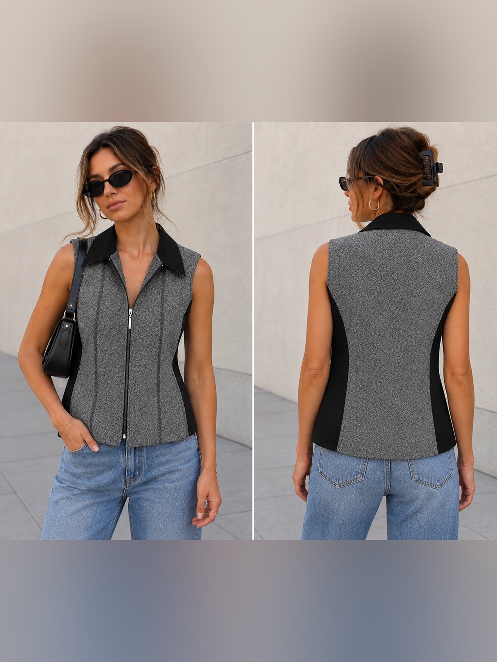 Conrad C Collection Women's Zip Front Vest Black & Gray